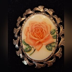 Vintage Coral Pink Rose Brooch with Gold Tone Accents